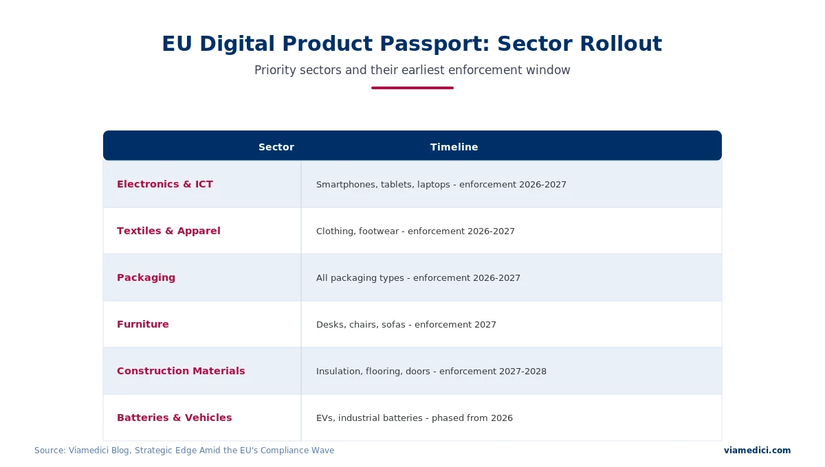 EU Digital Product Passport rollout by sector, from electronics and textiles in 2026 to construction materials in 2028